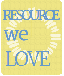 yellow rectangle with a circle made of equal signs in different shapes. the words: Resource We Love" written in blue text