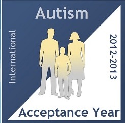 Autism Acceptance Year. Square composed of two triangles that meet in middle , triangle on left is navy blue and triangle on right is white. In the middle of the square there are images of three people. Text at top reads "Autism" . Text on left reads International. 2012-2013 is on right. The bottom of the square text " Acceptance Year".
