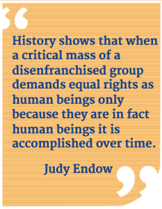 Light orange and light yellow striped rectangle with quote marks cut out in top left corner and bottom right corner. Blue text reads: History shows that when a critical mass of a disenfranchised group demands equal rights as human beings only because they are in fact human beings it is accomplished over time.  Judy Endow