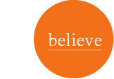 orange circle with white text in middle that reads "beieve"