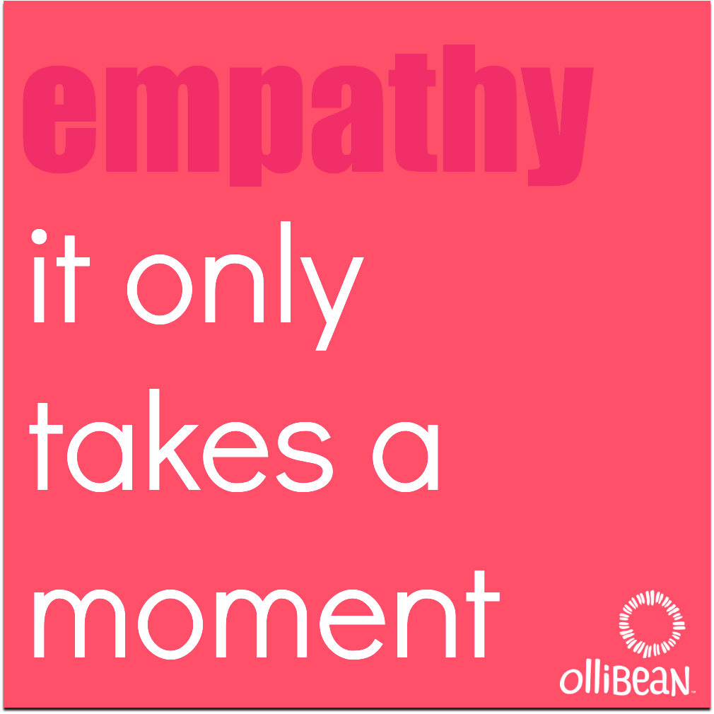 Pink square with the word "empathy " in dark pink . "it only takes a moment " in white . 
