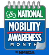 White text reads "National Mobility Awareness Month" on a green and blue background that looks like a spiral top bound notebook. There is a small image of a vehicle with a little handicap symbol inside.