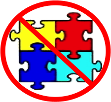 Say no to autism puzzle pieces. A yellow, red, royal blue and turquoise connected puzzle pieces a red outline of a circle with diagonal bar symbolizing" No Puzzle"