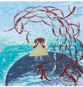 Painting of a young girl standing with her back to the viewer. She has brown pig tails and a yellow dress. She is standing on blue ground, and facingi a blue ocean and sky. White text reads ©Judy Endow 2013.