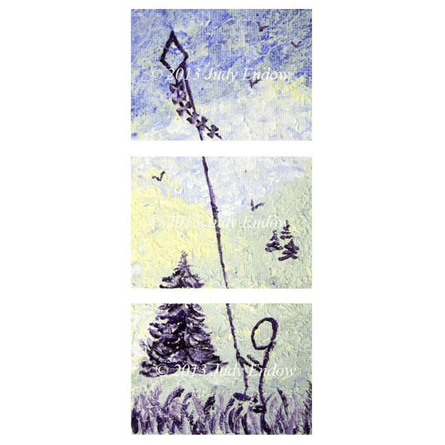 Image description of Judy Endow's painting "Kite Boy". "Kite Boy" is  a triptych depicting a stick figure flying a kite. The bottom section contains an image of a stick figure standing on grass holding a kite string, there are black- purple plants in the foreground and the bottom 2/3rds of a black- purple tree. " © 2013 Judy Endow" in white is in the middle. The second section contains the top 1/3 of the purple tree, grass made of yellow and green tones and three small trees to the right, a pale blue sky is at the top of this section . The boy's kite string runs through the middle and there is a bird on either side. © 2013 Judy Endow" in white is in the middle. The third section contains the outline of a black-purple diamond shaped kite with 6 bows on one of its strings against a multi-colored blue sky. There are three birds. " © 2013 Judy Endow" in white is in the middle. 
