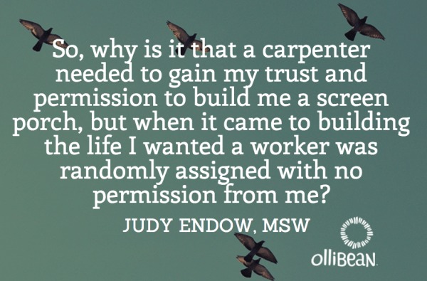 Photograph of sky with birds flying. Text reads "So, why is it that a carpenter needed to gain my trust and permission to build me a screen porch, but when it came to building the life I wanted a worker was randomly assigned with no permission from me?Judy Endow, MSW on Ollibean"