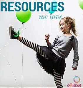 Photo of girl kicking with balloons in background. Text reads: RESOURCES we love. Ollibean logo.
