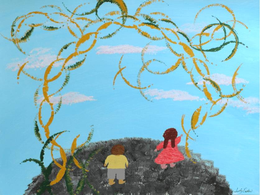 One Person Tail Intrusion, Art by Judy Endow. Back of child in red dress and child in yellow shirt standing on earth with sky and sun sparkles.