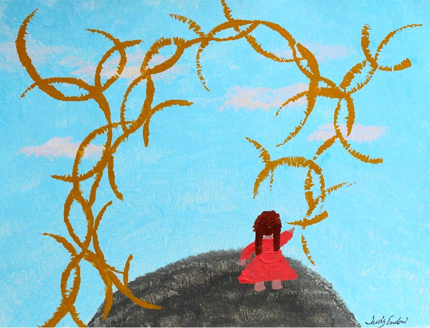 One Person Tail , Art by Judy Endow. Back of child standing on earth with sky and sun sparkles.
