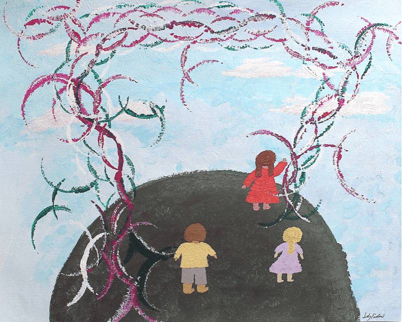 Two Person Tail Intrusion, Art by Judy Endow. Back of child in red dress, child in pink dress and child in yellow shirt standing on earth with sky and sun sparkles.