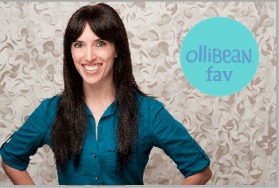 image of woman with white skin and dark brown hair smiling. Turquoise circle "Ollibean fav"