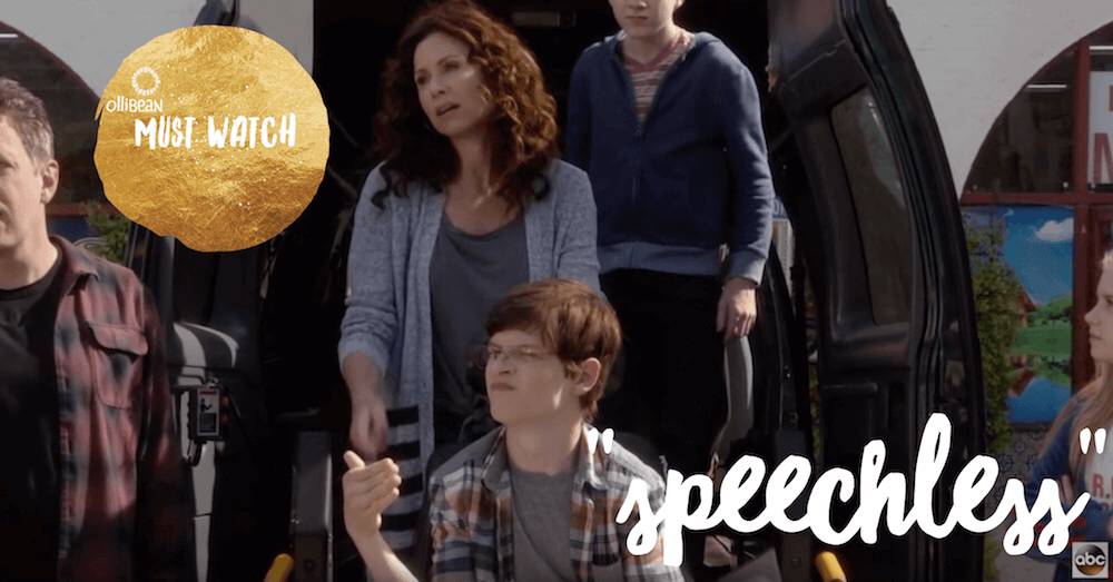 Text : Speechless Ollibean Must Watch. The family in the comedy "Speechless" standing by van.
