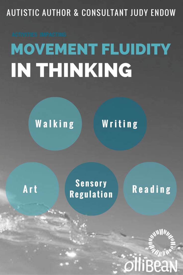 Autistic Author and Consultant Judy Endow, Activities Impacting Movement Fluidity in Thinking , Sensory Regulation, Walking, Writing, Art, Reading. Ollibean